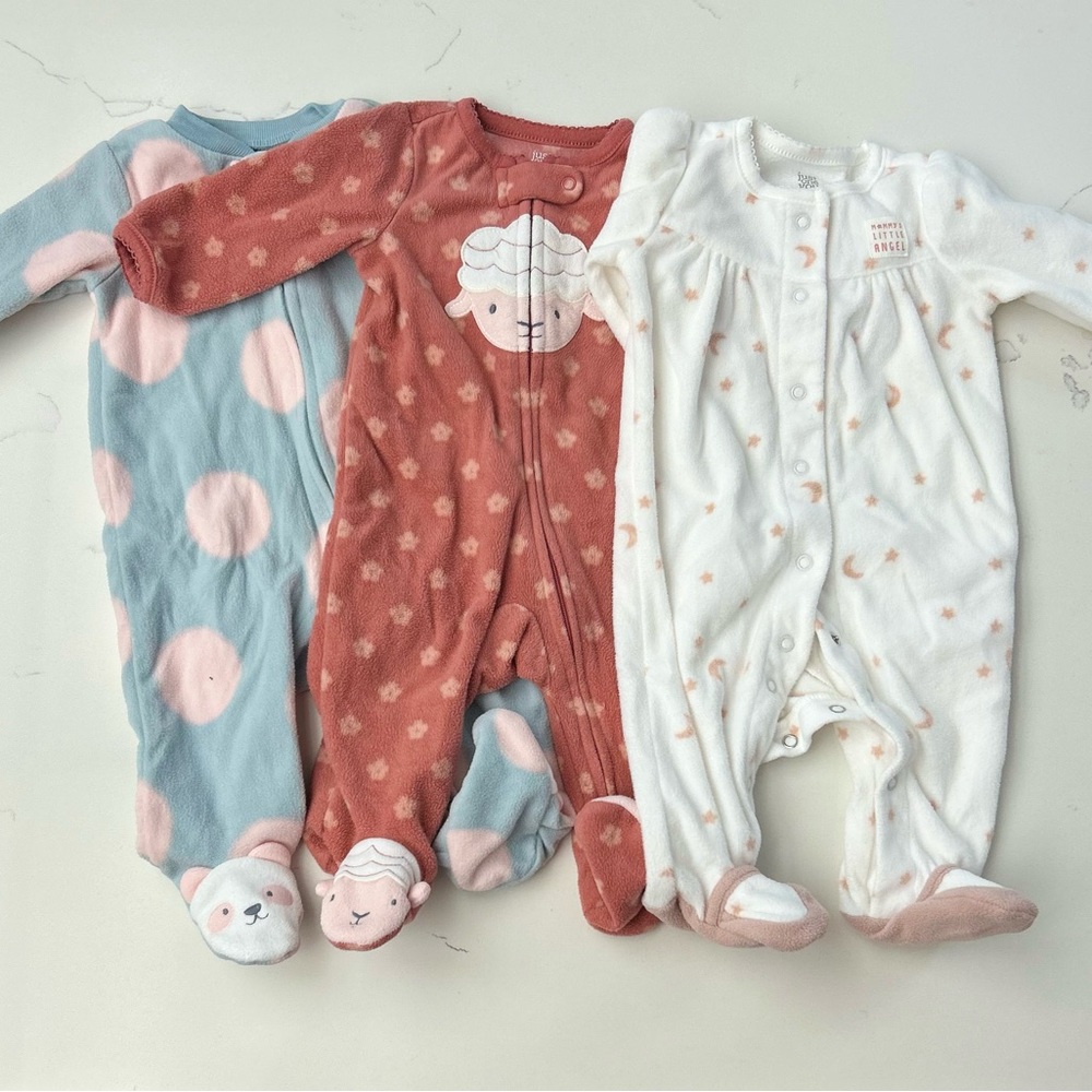 Infant Girl Fleece Footed Pajama Onesies - Lot of 3